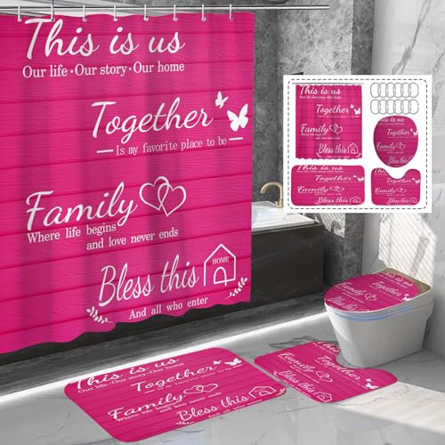 juwute Lot de 4 rideaux de douche familiaux avec tapis antidérapants, housse pour abattant de toilette et tapis de bain, ensemble d'accessoires de décoration de salle de bain rose, rideaux de douche