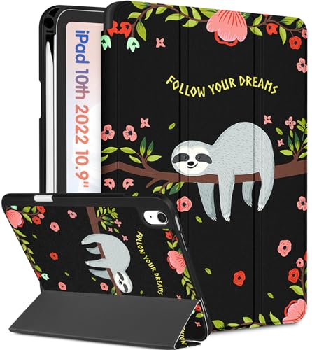Wazzasoft Schutzhülle für Apple iPad der 10. Generation, 27,7 cm (10,9 Zoll), niedlich, für Damen, Mädchen, Kinder, Kawaii, Teenager, Faultier-Design, einzigartiger Stifthalter, automatische