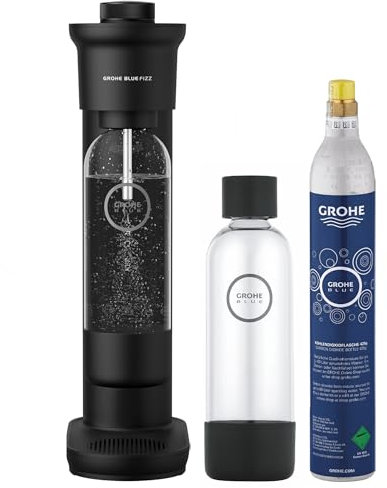 GROHE Blue Fizz - Wassersprudler Starter Set (3 einstellbare CO2 Stufen, inkl. CO2 Flasche, 2x 0,85l Wasserflasche + Reinigungspulver), schwarz