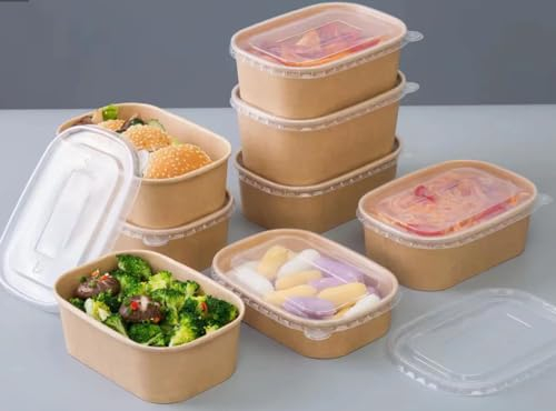 HOT BARGAINS 750ml Kraft Paper Food Containers With Reusable Plastic Lids, Rectangular Takeaway Boxes for Restaurant Use, Pack of 100