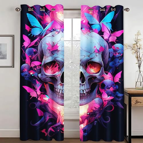 WEQEER Totenkopf Verdunkelungsvorhang Schädel Rosen Gothic vorhänge Blickdicht Totenkopf Fenstervorhang Für Schlafzimmer Wohnzimmer, 100% Polyester (3,220x215cm(2x110x215cm))