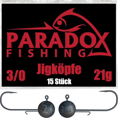 Paradox Fishing Jigköpfe Set 15x 21g 3/0 I Jig Köpfe Gummifisch mit Jighead für Gummifische Barsch Hecht Zander Angelzubehör