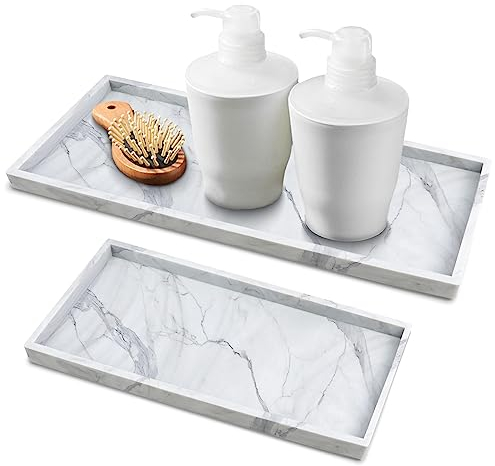 2 Packs Silicone Vanity Tray, Large & Small Bathroom Trays for Counter, Dish Soap Holder for Kitchen Sink, Rectangle Perfume Key Toilet Dresser Organizer Tray Decor (Marble)