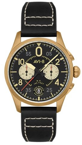 AVI-8 Men's 42mm Spitfire Lock Chronograph Void Black Watch with Leather Strap AV-4089-07, Void Black, Modern
