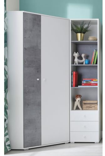 Lomadox Jugendzimmer Set 2-teilig mit Eckkleiderschrank, Regalschrank in Beton und weiß modern