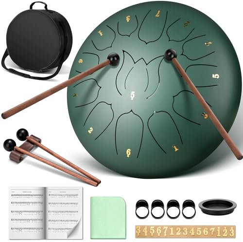 CAHAYA Steel Tongue Drum 13Notes: 12 Inch Steel Hand Drum with Music Book, Mallets, Finger Picks and Carry Bag Green CY00374-1