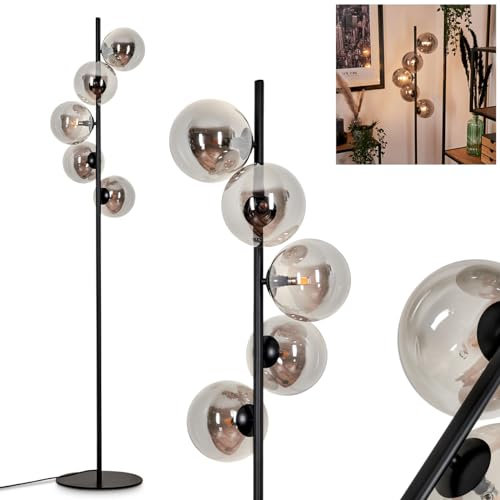 Stehleuchte Remaisnil, Stehlampe aus Metall/Glas in Schwarz/Rauchfarben, Standlampe im Retro/Vintage-Design mit Schirmen aus Glas (Ø 15 cm) u. Fußsschaler, Höhe 160 cm, 5 x G9, ohne Leuchtmittel