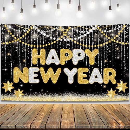 Silvester Deko 2025 Neujahrs Banner,Extra Große Stoff Happy New Year Hintergrund Wanddekoration,Neujahrsdekoration,2025 Silvesterparty Dekoration (Happy New Year)