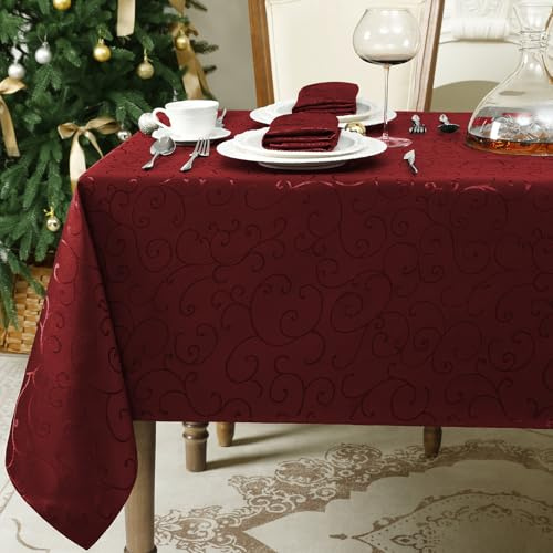 Romanstile rote Tischdecke Weihnachten abwaschbar 140x180 rechteckig Damast Jacquard wasserabweisend Tischtuch Tischdecken Table Cloth Deko für Silvester,Party,Outdoor,Geburtstag,Restaurant,Esszimmer