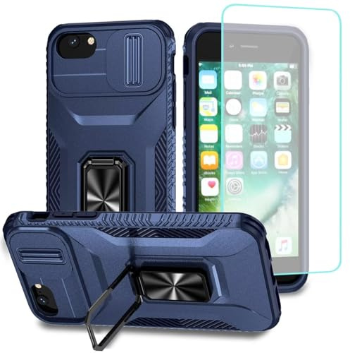 Wanyuexes Hülle für iPhone SE 2022/SE 3 2022/SE 2020/für iPhone 7/8/für iPhone 6S/6 mit Schutzfolie, Kameraschutz Kartenschlitz, 360° Metall Ring Ständer Stoßfest Handyhülle für iPhone 8 Blau