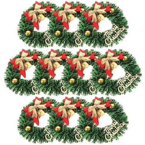 IMIKEYA 20 Stück Mini Weihnachtskranz: 6 cm Puppenhaus Miniatur Weihnachtskränze künstliche Mini Türkranz Weihnachten Kränze mit Glocken und Bowknot für Weihnachtsdeko Puppenhaus Zubehör