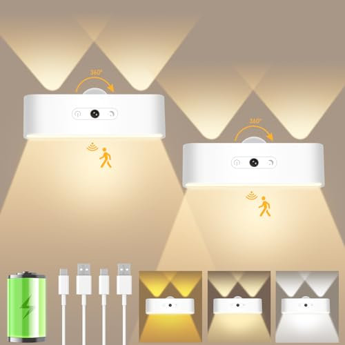 SILRIVES 2 Stück Akku Wandleuchte Innen mit Bewegungsmelder,LED Wandlampe Akku mit 3 Farbmodi und Dimmbar,4000 mAh Aufladbare Wandlampe,360° Drehbare Wandleuchte ohne Stromanschluss
