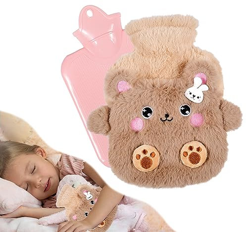 Wffeila Botella de agua caliente para niños, diseño de oso pardo, clásica, 400 ml, bolsa de agua caliente de peluche, bolsa de agua caliente dulce, extraíble y lavable, bolsa de agua caliente para