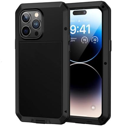 Pritify Heavy Duty Metal Case for iPhone 13 Pro Shockproof Tough Rugged Case with Built-in Glass Screen Protector, 360 Full Body Dustproof Protective Cover Compatible Wireless Charging | Black