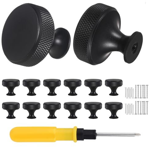 VEGCOO Matte Black Metal Drawer Knobs - Single Hole Round Knurled Cabinet Knobs with Screws for Wardrobe, Cupboard, Dresser (12 Pack)