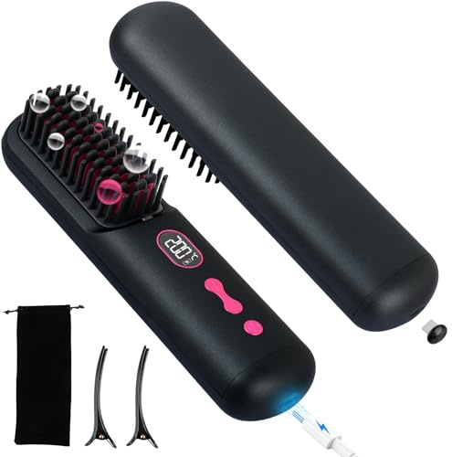 Spazzola per capelli senza fili, pettine riscaldato portatile da 9600mAh per il viaggio, mini spazzola per capelli senza fili agli ioni negativi per le donne con display LCD, ricarica Type-C (Nero)