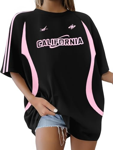 Xnova Oversized Tshirt Damen Gedruckt Kurzarm, Vintage Y2K Tops Rundhals mit Stripes, Sommer Oberteile Casual Streetwear Lose Basic Tee Shirts für Teenager Mädchen (Schwarz-Rosa, L)