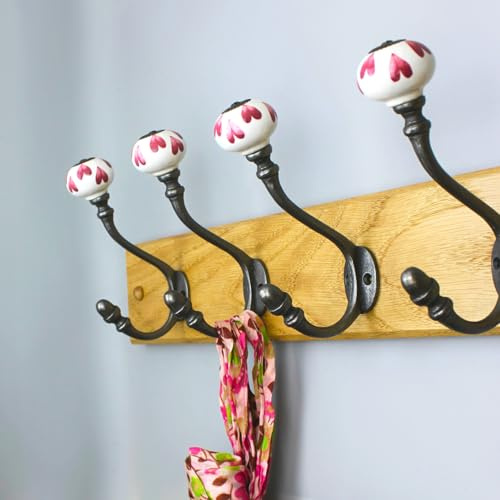 Oakcrafts Hand Finished Pink Petal Ceramic Coat Hooks - Antique Cast Iron with Ceramic Tips - Pack of 4