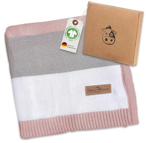 Minky Mooh Babydecke Bio Baumwolle, Oeko-Tex 100, Kuscheldecke, Strickdecke, Krabbeldecke & Puckdecke, Geschenk zur Geburt & Erstausstattung- 94x72 cm, Flieder Puder