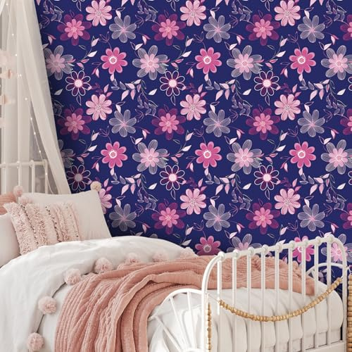 VaryFloral Papier Peint Adhesif Fleur Bleu Marine Papiers Peints 30.5cmx300cm Vinyle Adhesif Fleur Rose Stickers Muraux Feuilles Rose Pâle Deco Murale Amovible Film Autocollant Meuble Armoires