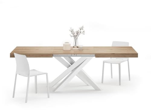 MOBILI FIVER, Ausziehbarer Esstisch Emma 160(240) x90 cm, Wildeiche mit Weißen gekreuzten Beinen, Made In Italy