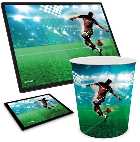 itenga KIDS Motive Serie Schreibtisch-Set 3-teilig – Schreibunterlage 40x53 cm + Mauspad 21x18 cm + Papierkorb 11 L – abwischbar & rutschfest, robust (Fussball)