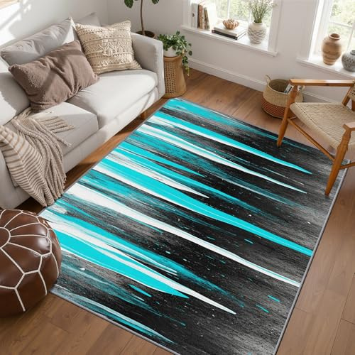 PaxGloz Farbverlauf Teppich - Teppiche Wohnzimmer Schlafzimmer Gaming Zimmer, Kleiner Teppich Türkis Weiss Grau, Weich Kurzflor & Waschbar & rutschfest Fussmatte Innen, Kinderteppich 80x150 cm