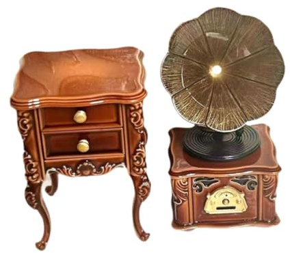 PUXZYAX Tables de Chevet Miniatures pour Maison de poupée à l'échelle 1/12, avec Mini Gramophone. Meubles Miniatures pour Maison poupée, Table Chevet rétro, Mini