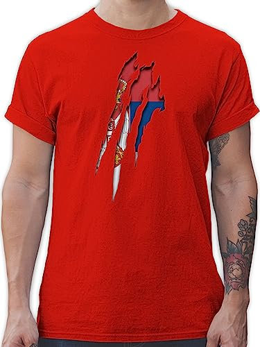 T-Shirt Herren - Fußball EM WM - Serbien Krallenspuren - XL - Rot - serbische Tshirt Fussball Shirt männer Europameisterschaft Serbia Herren-Shirt Trikot fussballtrikot fu Ball Srbija t-Shirts