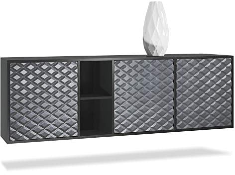 Vladon Sideboard Kommode Cuba, Made in Germany, Korpus in Schwarz matt/Fronten in 3D Stahlgrau