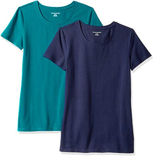 Amazon Essentials Camiseta de Manga Corta con Cuello Redondo y Corte Recto Mujer, Pack de 2, Azul Marino/Verde Azulado, L