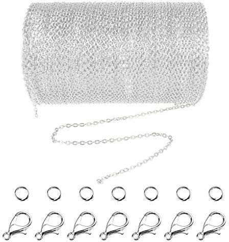 jerbro 33 Füße Legierung DIY Link Kette Ketten Gliederkette Halsketten mit 20 Karabiner Verschlüsse und 30 Sprung Ringe für Schmuck Basteln Herstellung, 2mm (Silver)
