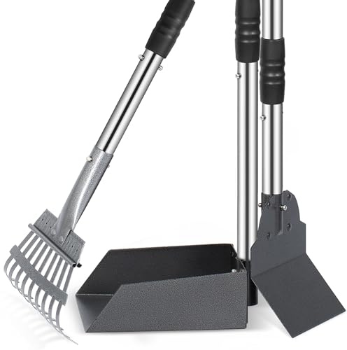 Dog Pooper Scooper, Dog Poop Tray and Rake Set with Long Stainless Handles