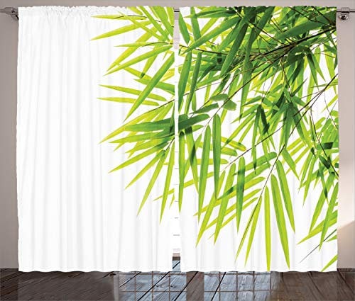 ABAKUHAUS Verde Cortina, Paz de la Hoja de bambú, Sala de Estar Dormitorio Cortinas Ventana Set de Dos Paños, 280 x 225 cm, Verde y Blanco