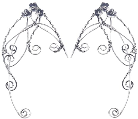 Elf Ear Cuffs, Ohrclips, handgefertigt, Elven Cuff Wrap Ohrringe für Frauen – Pearl Wing Quaste Filigree – Fantasy Fairy Halloween Kostüm, Cosplay, Hochzeit., Silber, Legierung.