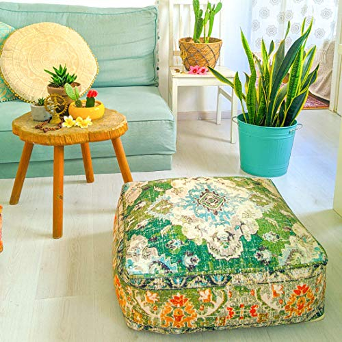 Mandala Life ART Hocker Bezug Grün XXL Sitzkissen Boho Für Meditation, Yoga Und Boho Chic Orientalische Sitzkissen Für Wohnzimmer Indische Deko 100% Baumwolle Ungefüllt 60X20Cm