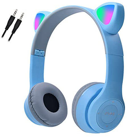Megadream Kids Wireless Headphones, Bluetooth Over Ear Headphones with Microphone, Cat Ear LED Light Child Headset TF Card/Wired Foldable Earphones for Girls Boys Gift Age 7+(Blue)