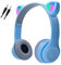 Megadream Kids Wireless Headphones, Bluetooth Over Ear Headphones with Microphone, Cat Ear LED Light Child Headset TF Card/Wired Foldable Earphones for Girls Boys Gift Age 7+(Blue)