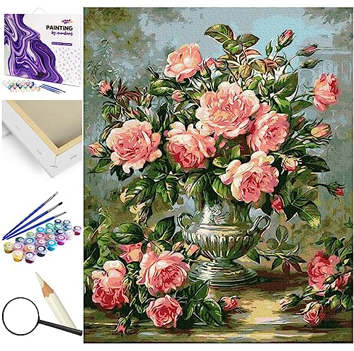 Artnapi Malen nach Zahlen Erwachsene mit Rahmen | DIY Handgemalt | Blumen - Blumenstrauß aus Rosen | Kit für Anfänger und Erwachsene | Set inklusive Acrylfarben & Pinsel | 40x50cm Leinwand