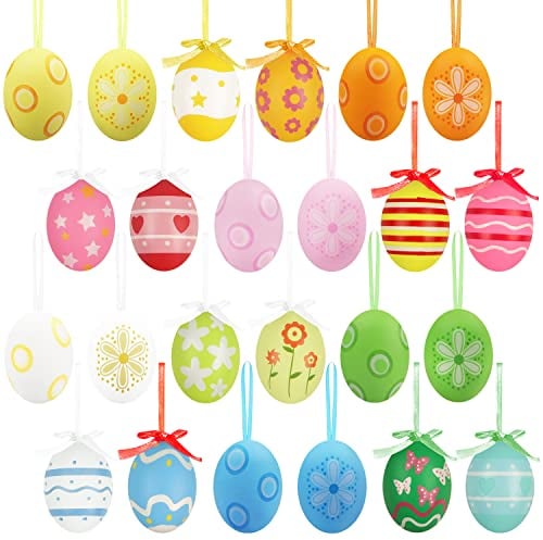 24 Stück Ostern Hängende Eier Baumschmuck,Bunte Kunststoff-Ostereier zum Aufhängen, Dekorative handbemalte Eier DIY Crafts Ornaments für Ostern DIY Handwerk Frühling Zuhause Party Dekoration