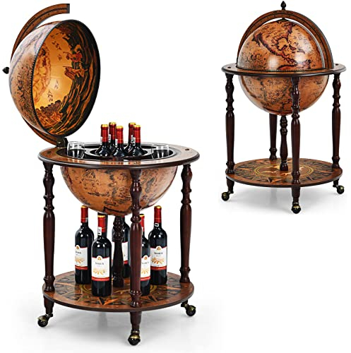 GOPLUS Mappamondo Portabottiglie di Vino, con 2 Piani, in Legno Robusto, Ampio Spazio di Archiviazione, con 4 Ruote Girevoli (Marrone 45 x 60,5 x 95,5 cm)