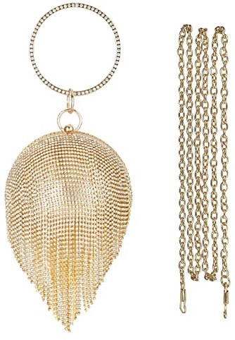 CORIOS Abendtasche Damen Runde Kugel Quaste Diamant Clutch Bag Schultertasche Klein Tasche Abnehmbarer Kette Handtasche Umhängetasche für Hochzeit Abendparty Tanzparty Geburtstag Bankett Gold