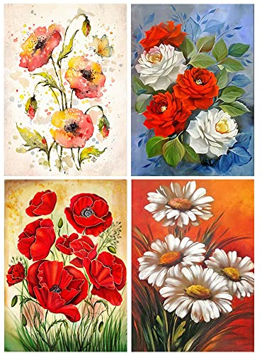 Diamond Painting Bilder 4 Pack 30x40 cm DIY 5D Diamond Painting Paris Malen Nach Zahlen Erwachsene Kinder Diamond Painting Blumen Mohnblume Diamant Mosaik für Geschenk Home Wall Décor Landschaft