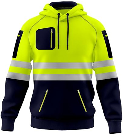 Felpa da lavoro da uomo ad alta visibilità, con cappuccio di sicurezza, con nastro riflettente, ad alta visibilità, con tasche multiple con cerniera, S-2XL, Giallo Navy, XXL