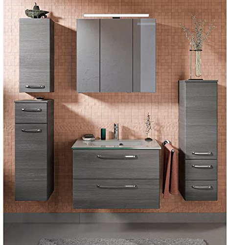 Lomadox Badezimmer Komplett Set mit Waschtisch 77 cm Glaswaschbecken Spiegelschrank Aufbauleuchte Midischrank Unterschrank Hängeschrank Graphit Struktur quer