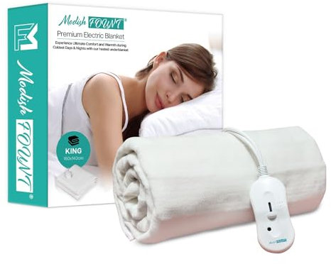 Modish FOUNT Electric Blanket - Heated Underblanket with 3 Heat Settings via Controller, Overheat Protection - Washable Polyester Heating Blanket - Includes Elastic Straps for Bed -King