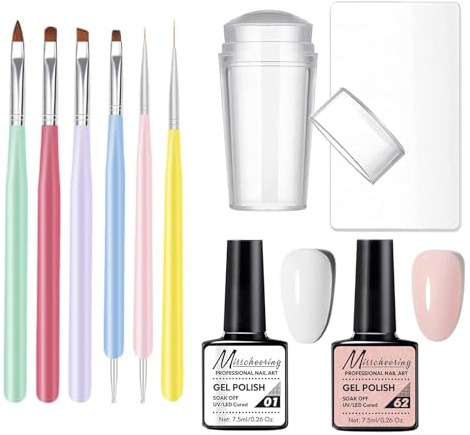 French Manicure Nail Polish Kit, Gorvalin White and Pink Gel Nail Polish with Nail Stamper and Nail Brush Long Lasting French Polish Nail Varnish Tool for Women Nail Art Home