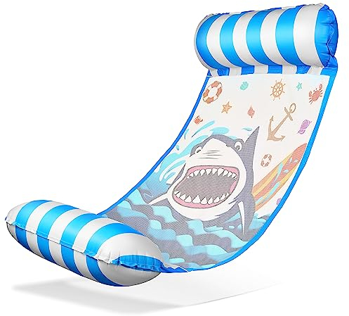 Balinco Hamaca de agua, colchoneta de agua, con reposabrazos, colchoneta flotante, tumbona de relajación, juguete acuático para niños y adultos, azul, motivo de tiburón