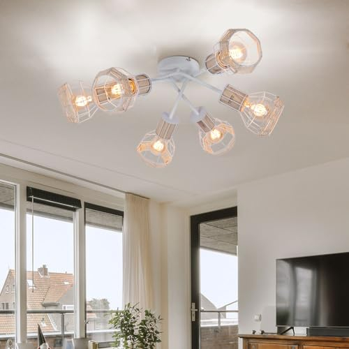 Globo Deckenleuchte Strahler 6 Flammig Spotleuchte Käfigschirme Deckenlampe weiß Bast, Metall, natur, 6x E27 Fassungen, DxH 70x24 cm