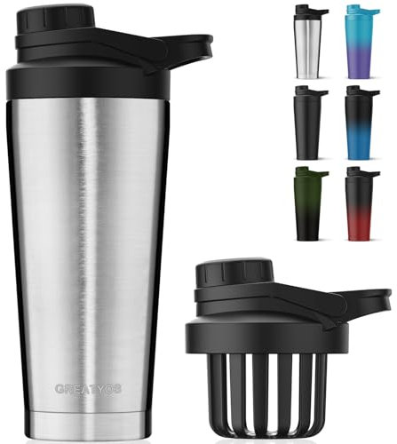 Greatyos Stainless Steel Shaker Bottle with Noise-Free Design - Patented 24 oz Insulated Metal Shakers Bottles Cup for Protein Mixes and Pre Workout 100% Leak Proof (Steel)